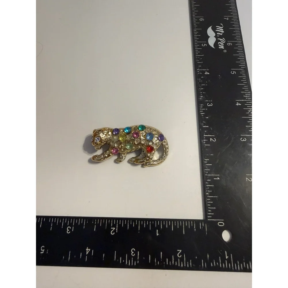 Gold Tone Multi Color Rhinestone Leopard Brooch Pin Jungle Cat Jewelry